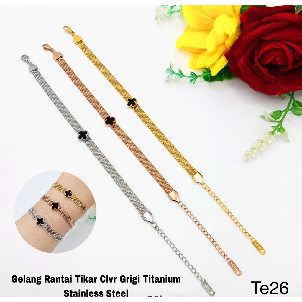 GELANG TITANIUM STAINLESS STEEL / GELANG ASLI TITANIUM WANITA DEWASA RANTAI TIKAR CLOVER GRIGI TITAN