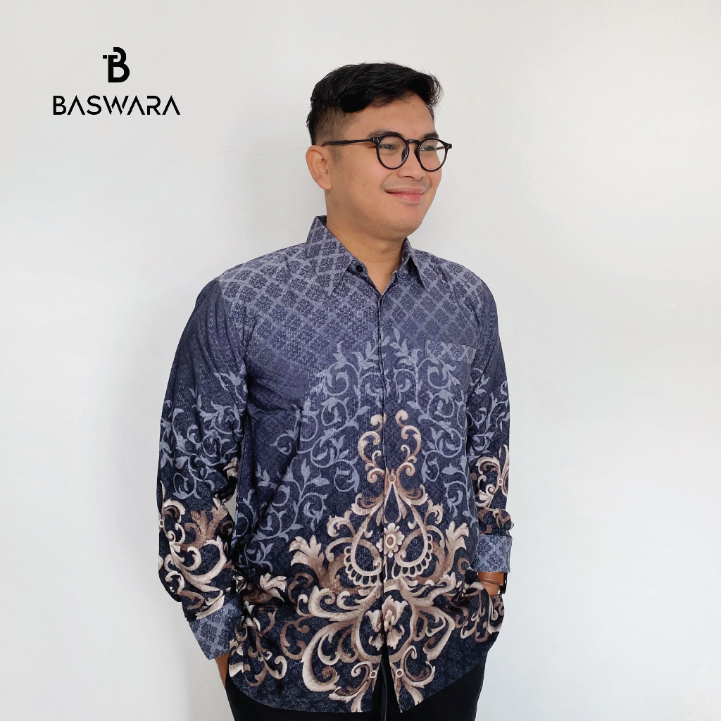 Baswara Kemeja Batik Pria DOBBY Lengan Panjang Biru Abu A80