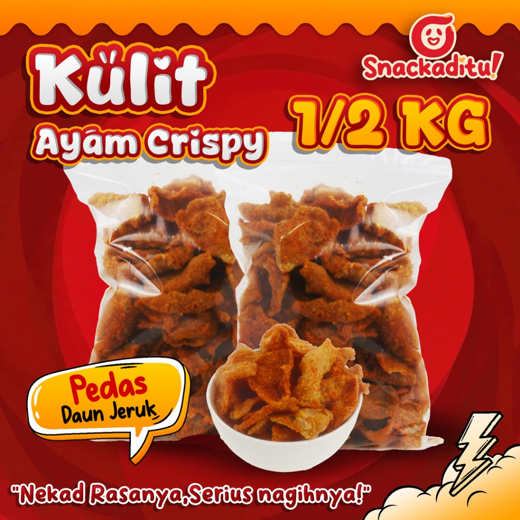 

Kulit Ayam Crispy Pedas/Asin Daun Jeruk 1/2KG / 500gram Snack Rasa Kulit Berasa, Renyah dan Gurih Snackaditu
