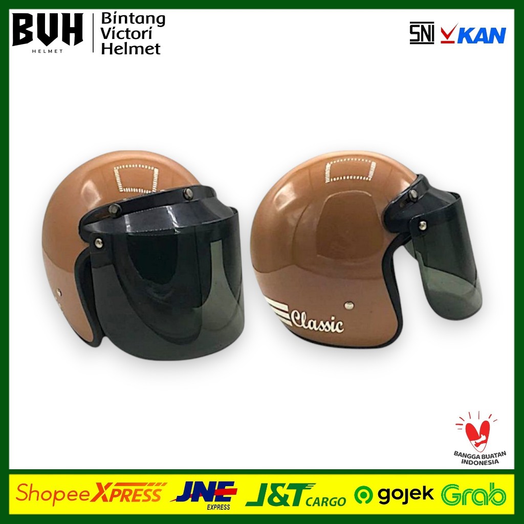 Helm BIVI Bogo Classic Mocca Glossy + Kaca SNI Retro Half Face Hijab Bivi Helmet Retro