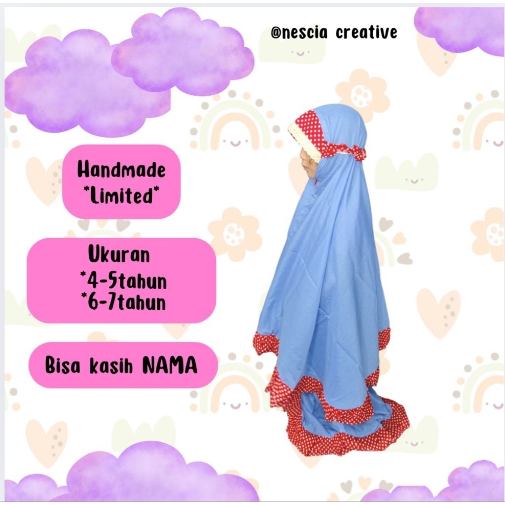 Mukena Anak Perempuan/Mukena Anak/Jilbab Anak/Mukena Anak Handmade /Mukena Anak Polos/Jilbab Anak Po