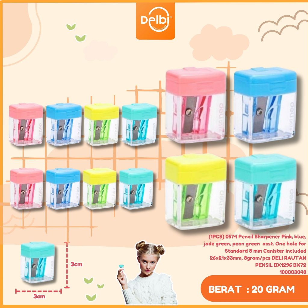 

Deli Rautan Pensil 1 lubang 7mm (1PCS) E0574 PENCIL SHARPENER PINK, BLUE,JADE GREEN , PEAN GREEN ASST. ONE HOLE-FOR STANDARD PENCIL 8MM