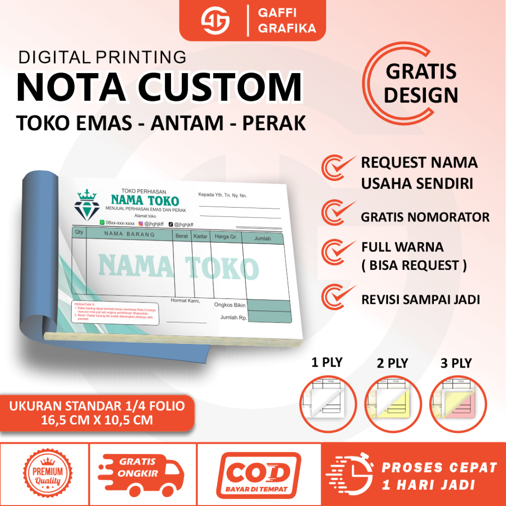 

Nota custom 2 ply 1 ply gratis design full warna toko emas perak mini gold nama sendiri kwitansi
