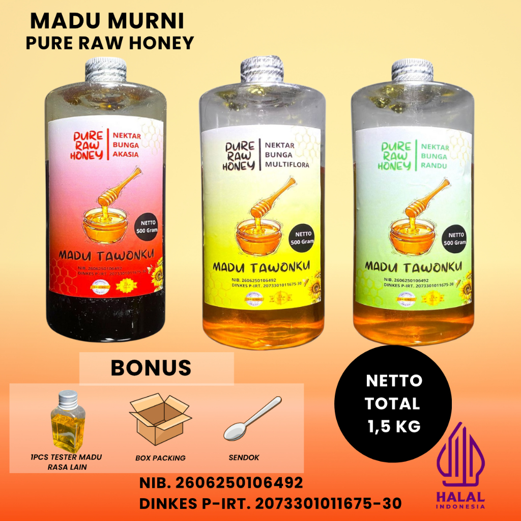 

Madu Murni Asli Nektar Multiflora Akasia Randu 500gram Raw Honey Bersertifikat Resmi P-IRT