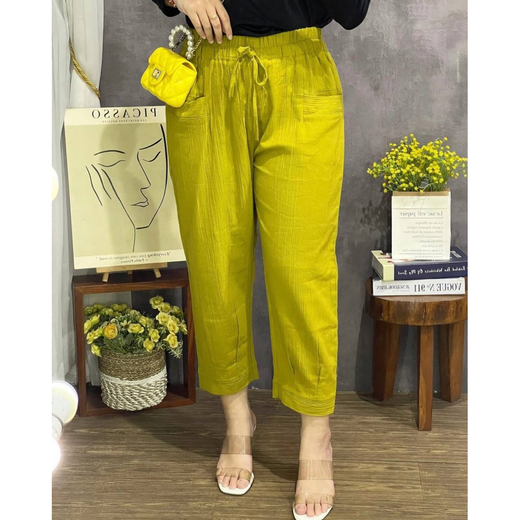 Celana Haruka Pants Wanita 7/9 Linen Crinkel Premium