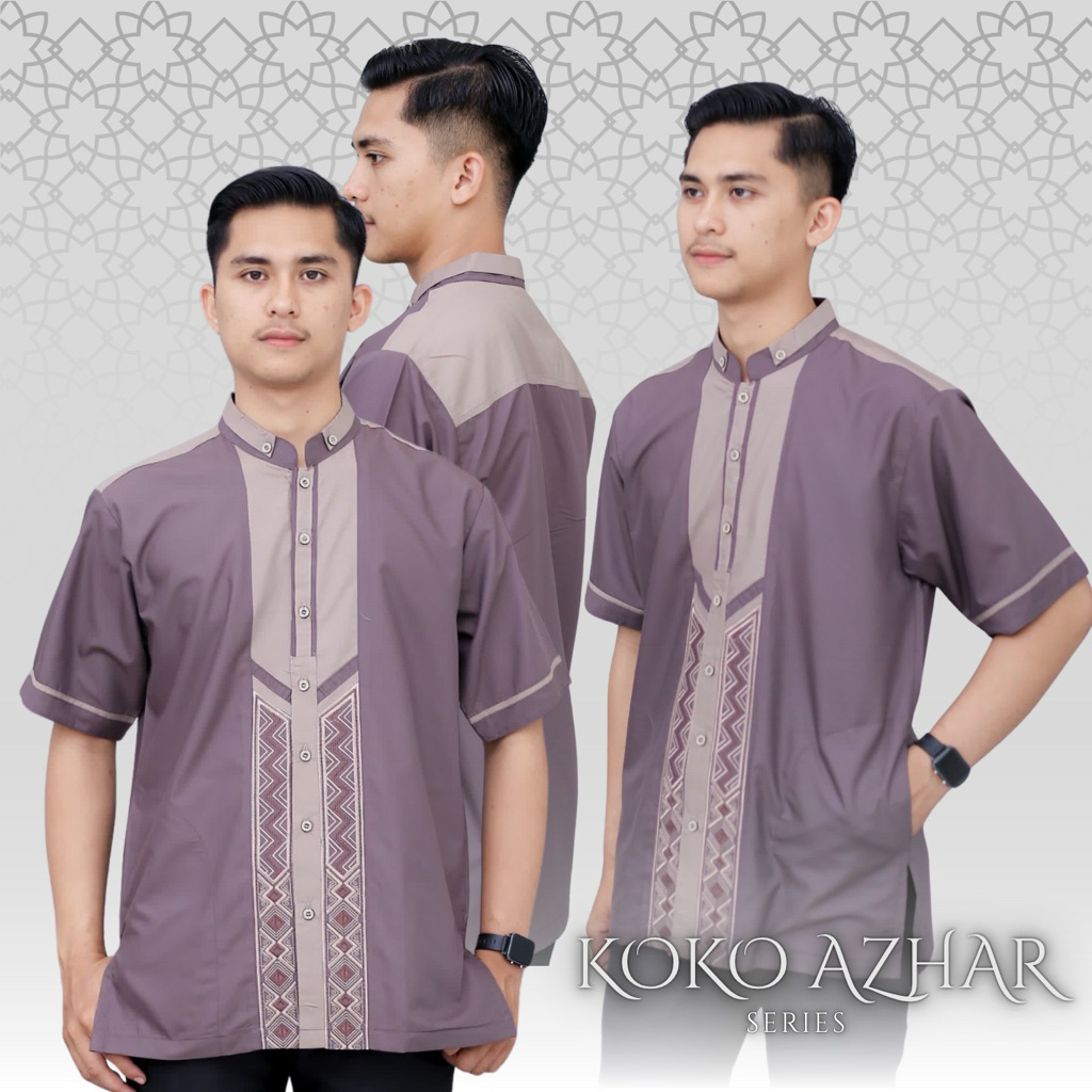 [Asriyani] Baju Koko Azhar Lengan Pendek Katun Import Premium Kombinasi Bordir Terbaru