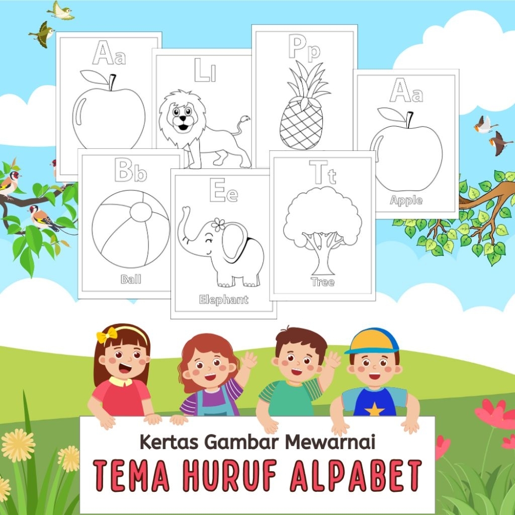 

26 LEMBAR KERTAS MEWARNAI ANAK TEMA HURUF ALPHABET (READY LANGSUNG KIRIM)