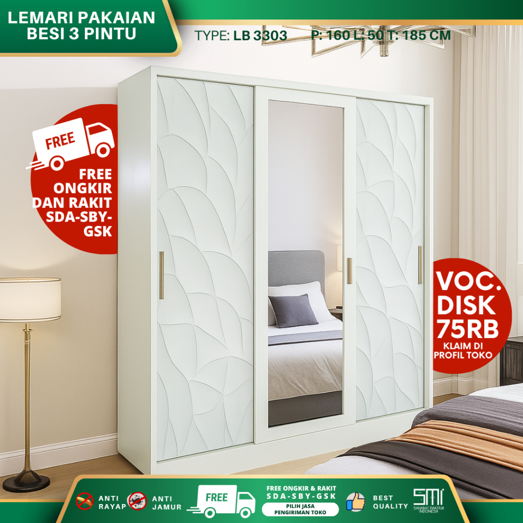 Lemari Pakaian Besi 3 Pintu Sliding, Lemari Pakaian Besi 3 Pintu 160 Pintu Geser Anti Rayap & Jamur