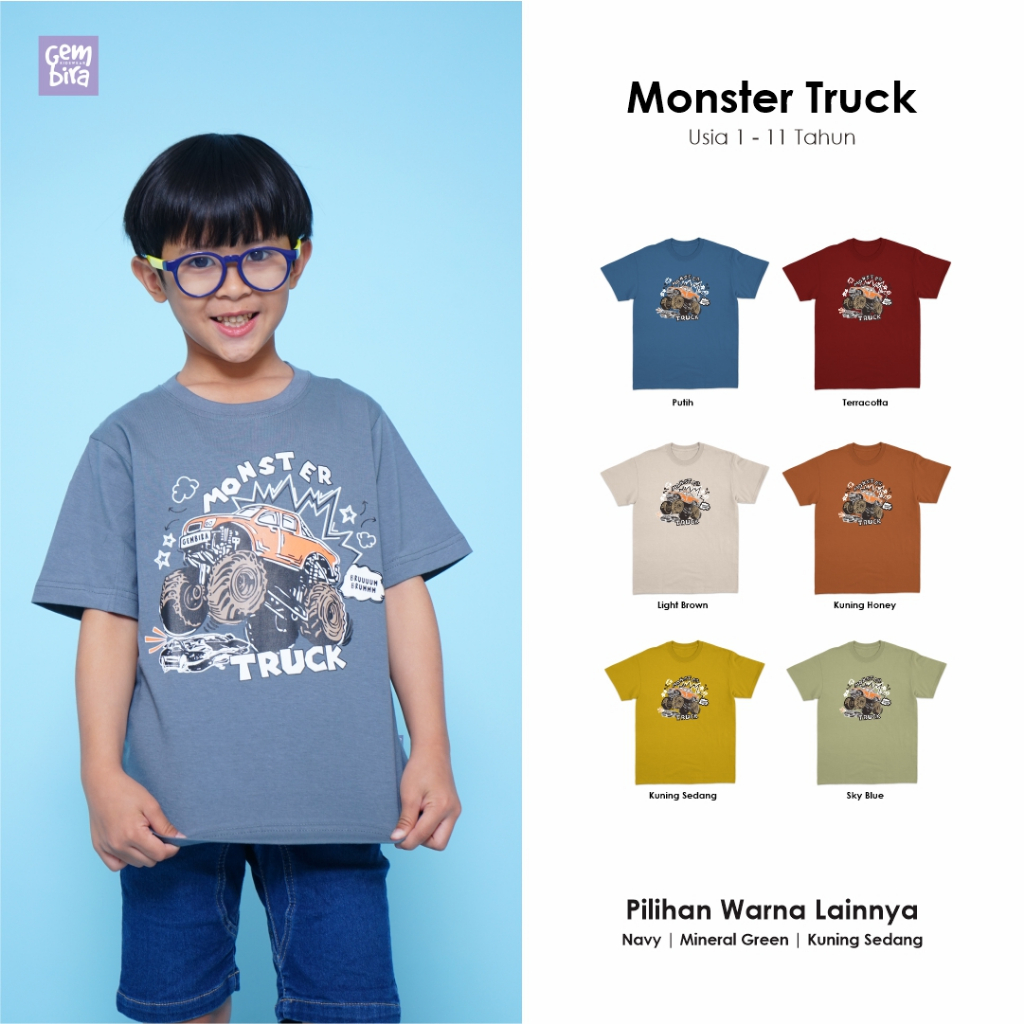 Kaos Anak Laki Laki Perempuan Cowok Cewek Monster Truk Usia 1 2 3 4 5 6 7 8 9 Tahun Baju Katun Combe