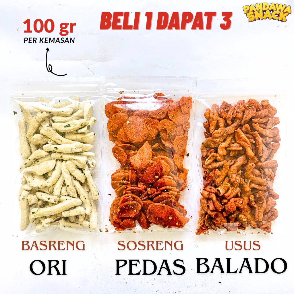 

Basreng Usus Sosreng Beli 1 Dapat 3 Varian Bundling 300gr per kemasan 100gr