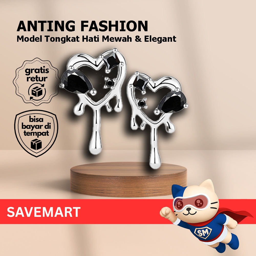 Anting Korea Mewah Model Hati Tongkat Berlian Aksesoris Wanita Korean Style Anting Berlian Hitam Ben