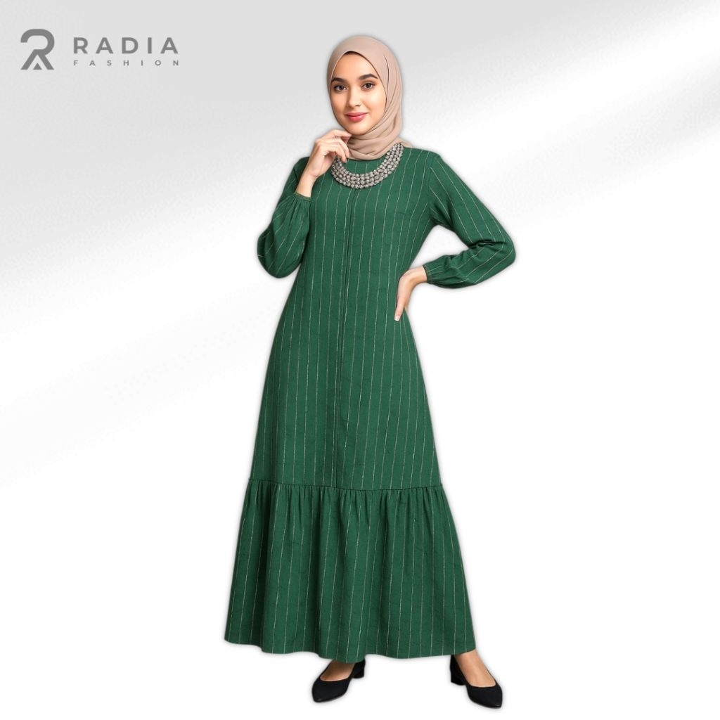 Radia Fashion Gamis Linen Impor Motif Salur Dan Printing Busui Friendly