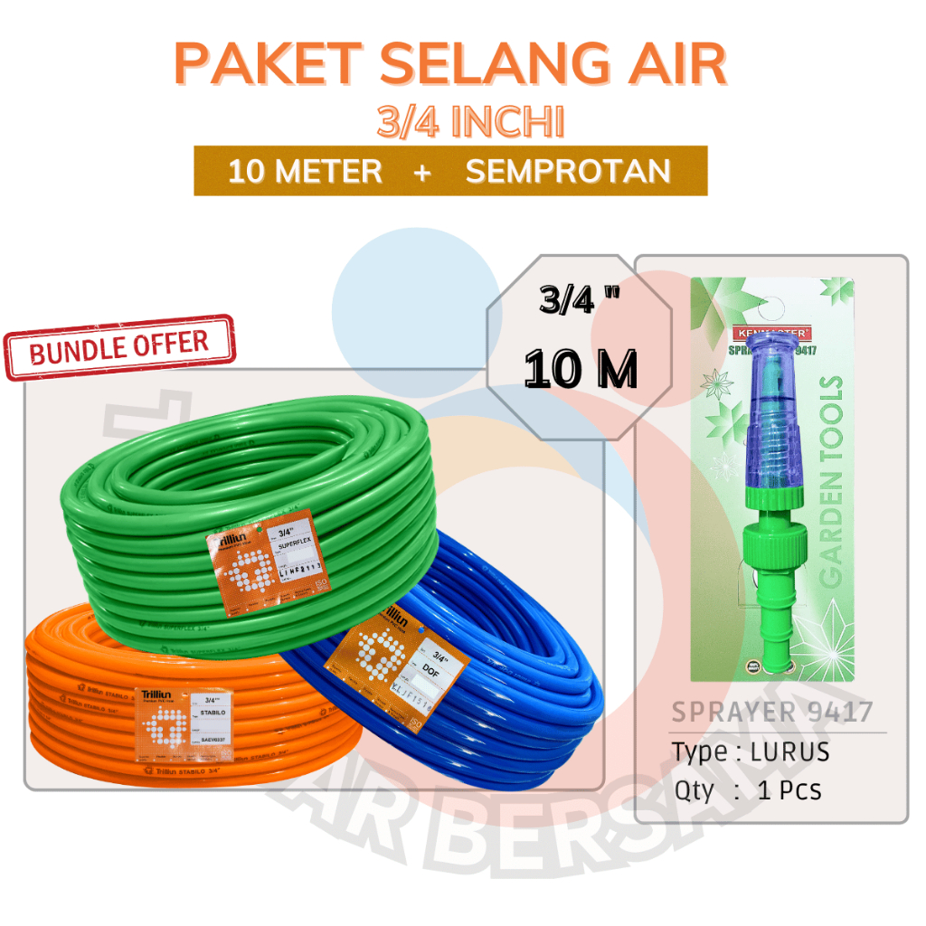 Paket Selang Air TRILLIUN UK 3/4 inchi Panjang 10 meter + Semprotan ( Tebal 3mm Tebal 2mm Tebal 1mm)