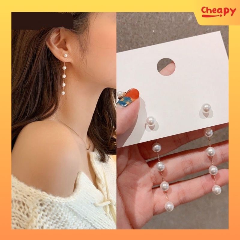 Anting Tusuk Panjang Mutiara Butir Menjuntai Tassel Wanita Korea Cheapy