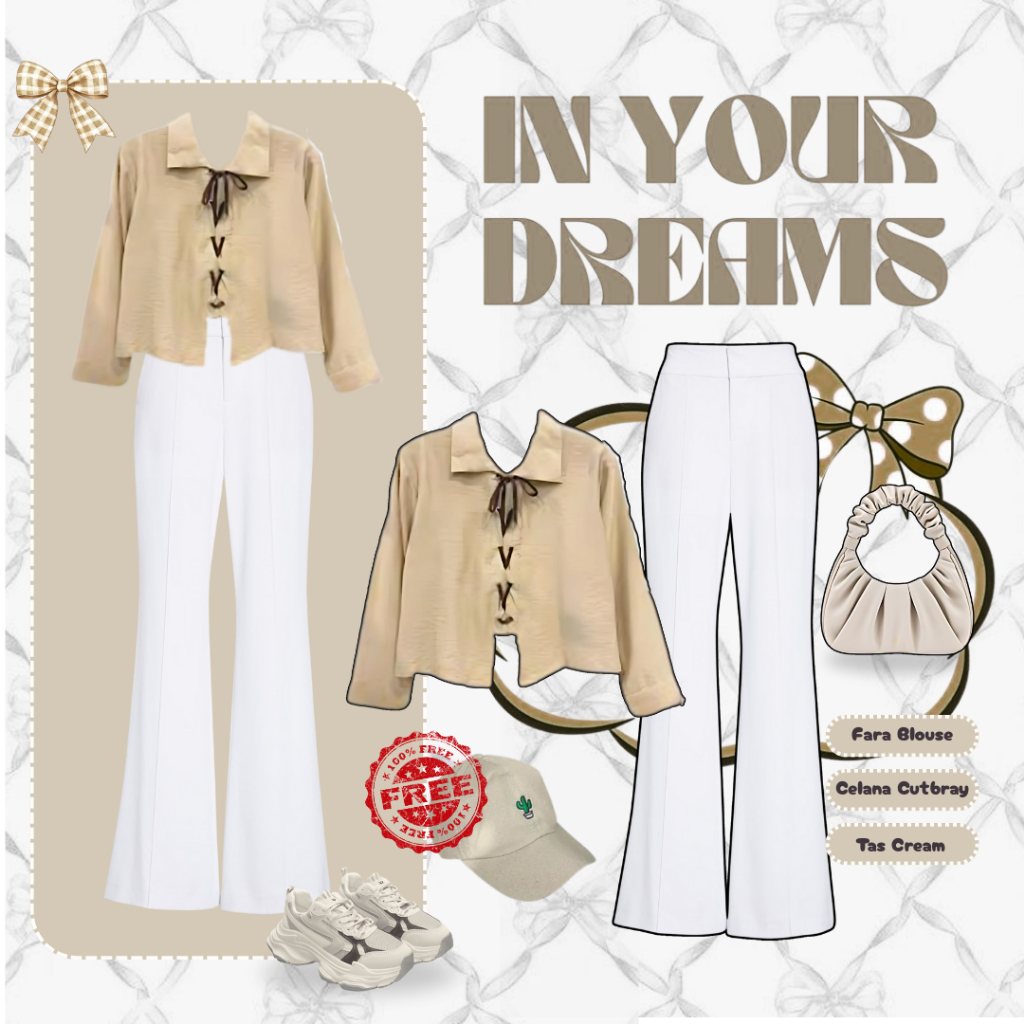 1Set Outfit Wanita{Blouse Pita Cream Wanita + Celana cutbray Scuba Putih + Tas Selempang Cream}TT103