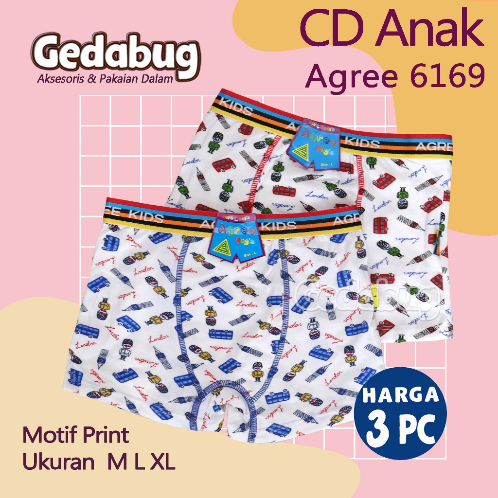 3 pcs - Celana Dalam Boxer Anak Agree 6169 Print Putih CD Agree Kids Boxer Laki Laki
