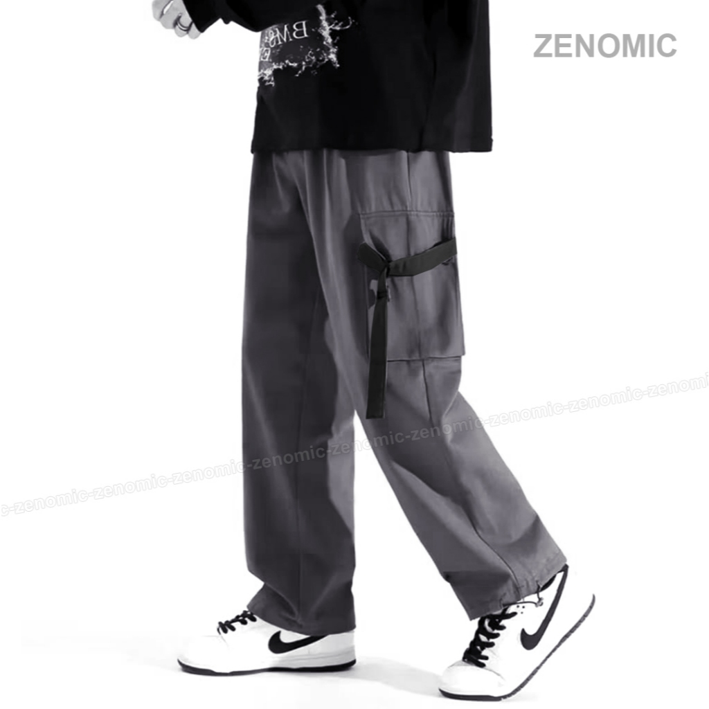 Celana Baggy Pants Cargo Oversize Pria Zenomic Webbing Loose Pants Black & Grey Korea Style