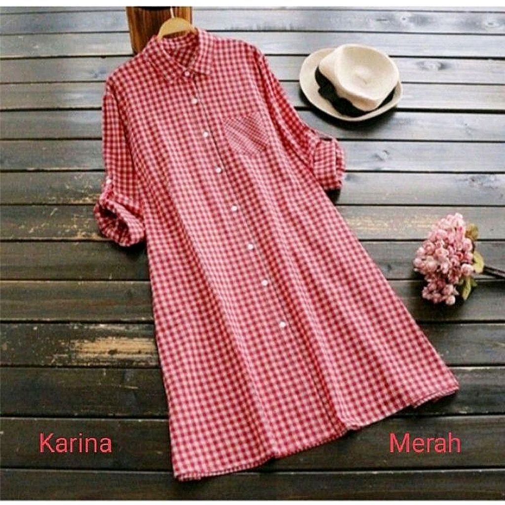 Alexa Kemeja Tunik Wanita Motif Kotak-Kotak Size M-XXXL Warna Merah Putih Hitam Navy Dan Mint - Baju