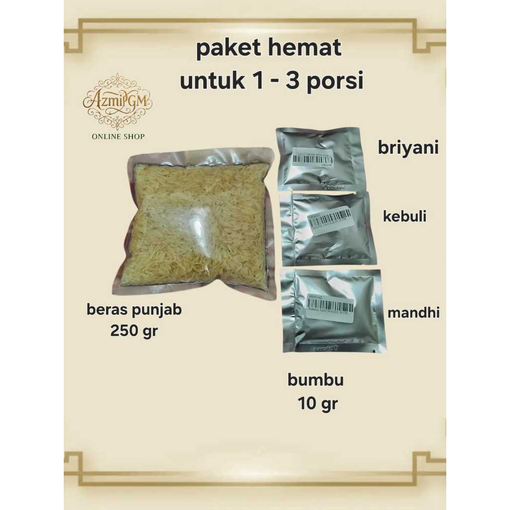 

Paket Hemat Beras Basmati 250gr dan Bumbu Nasi Kebuli, Kabsah, Mandhi, Biryani 10gr Lengkap