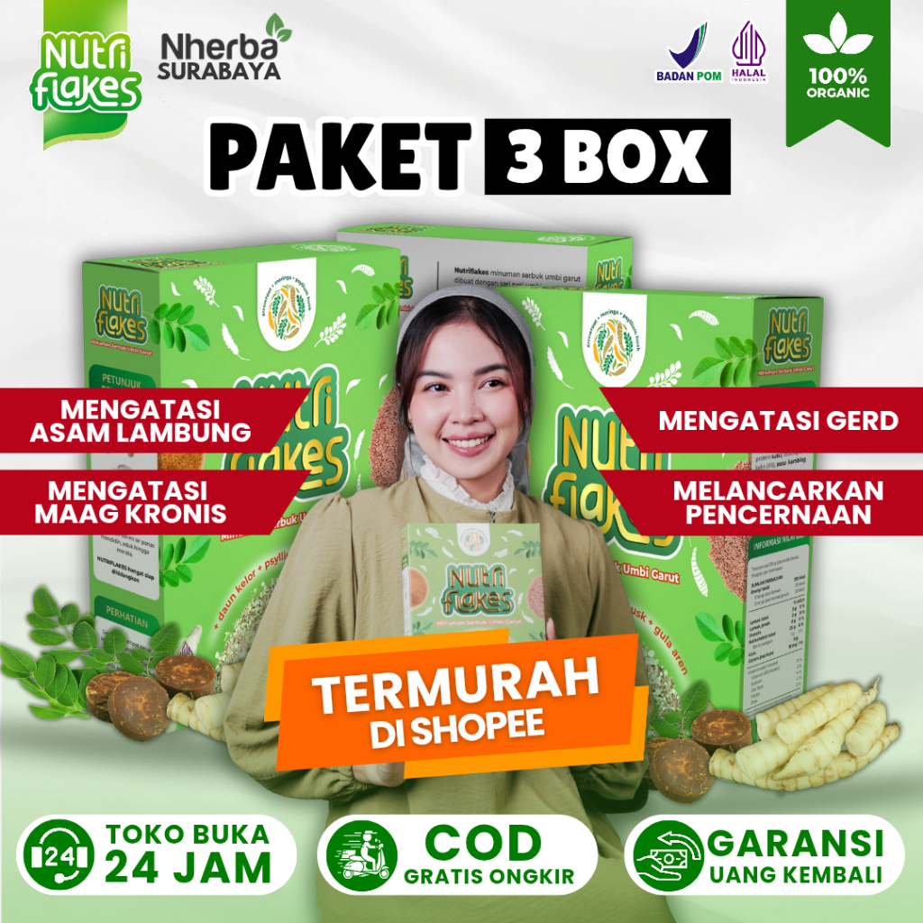 

Paket 3 Box Nutriflakes - Sereal Oat Bubuk Umbi Garut Efektif Atasi Asam Lambung Agar Hidup Sehat