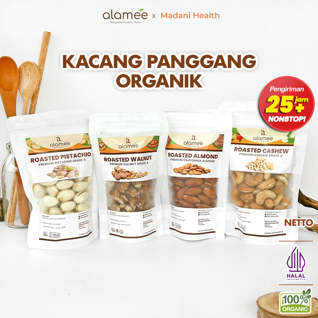 

ALAMEE Kacang Almond Almon Mede Walnut Pistachio Kupas Panggang Roast Roasted Oven Siap Makan