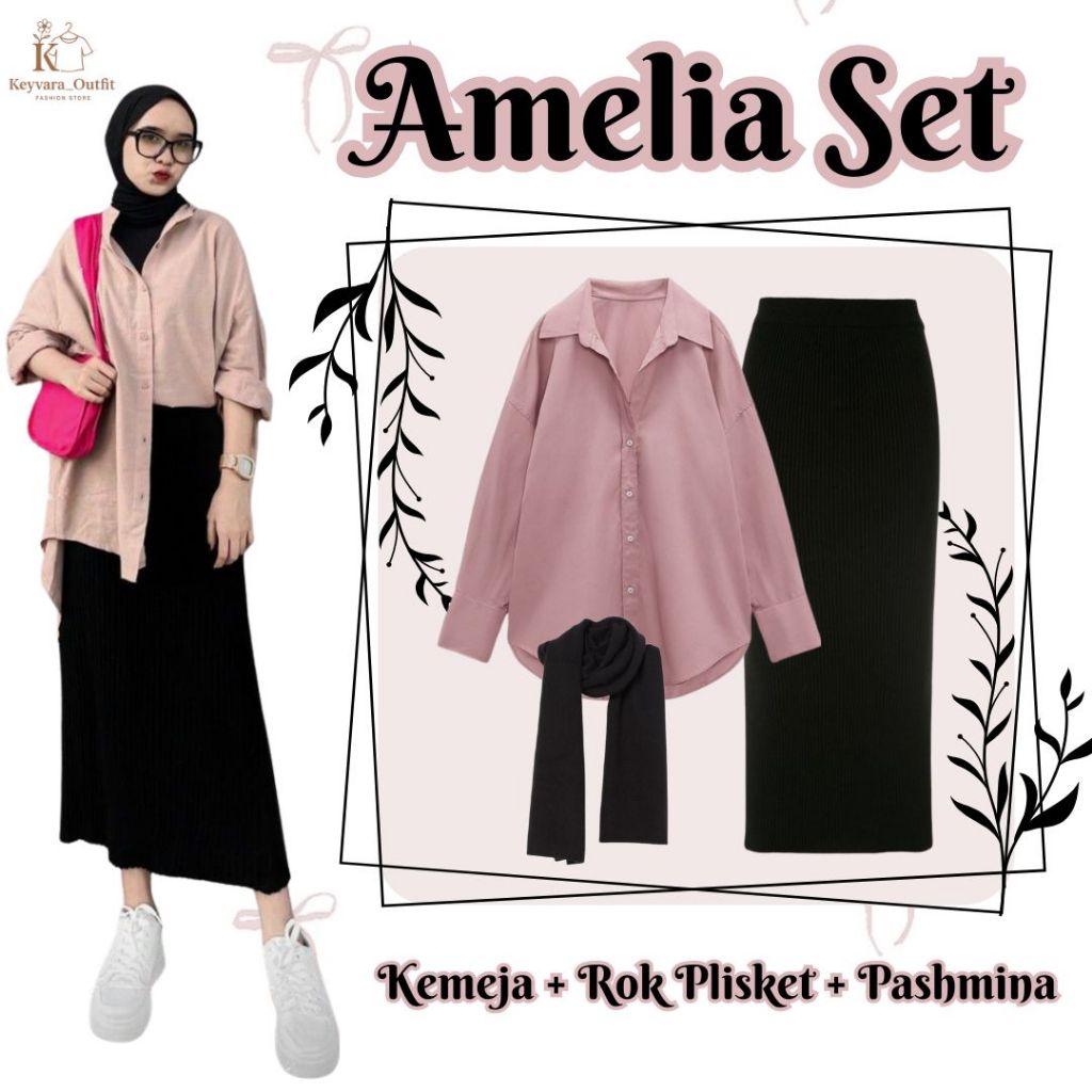 One Set Wanita Kekinian (Kemeja Linen Pink, Rok Plisket Span, Pashmina Jersey) Outfit Campus KY3M