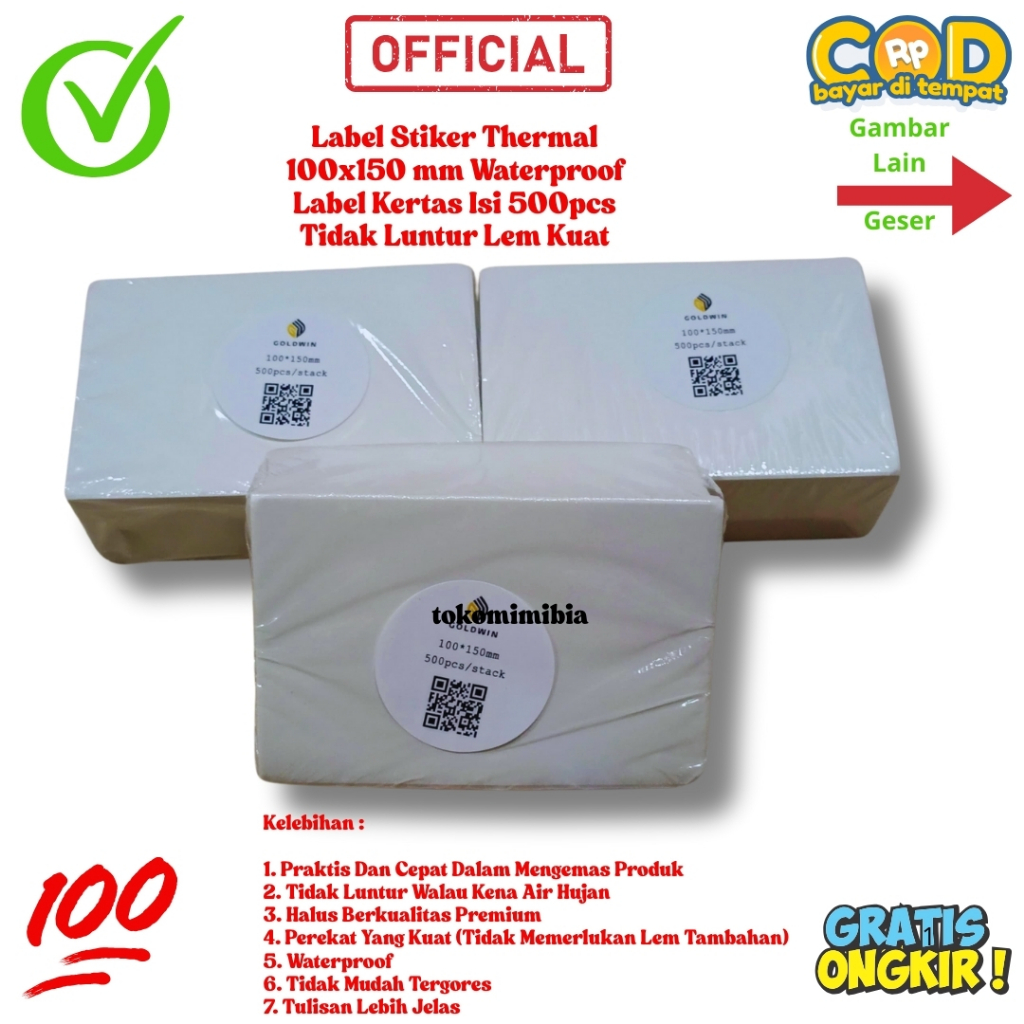 

Kertas Sticker Label Thermal Resi 100x150 Mm Lipat | Isi 500 Lembar Per Pack