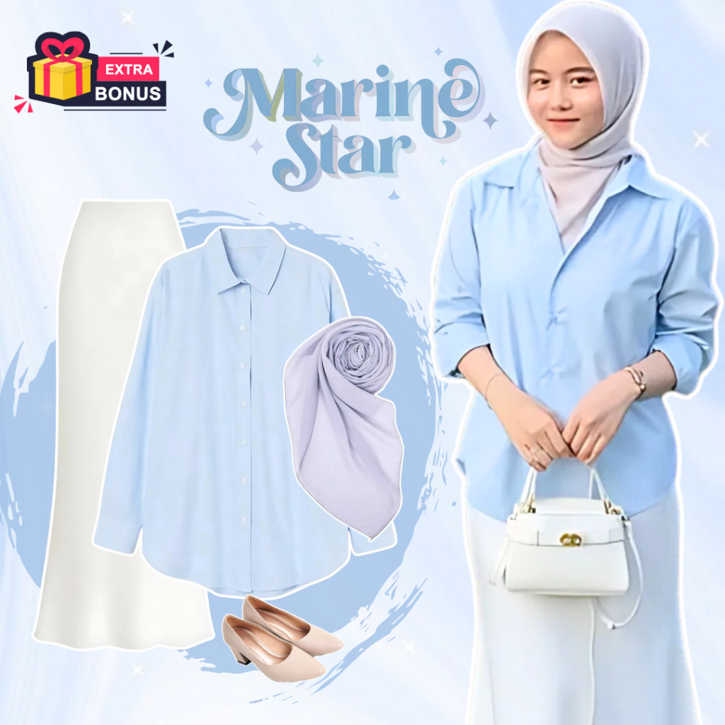 One set 3in1 Setelan wanita hijab kemeja basic polos sky blue biru muda rok duyung mermaid putih bro