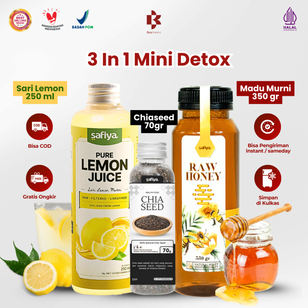 

[ 3 IN 1 Paket Mini Detox ] Sari Lemon 250ml Safiya + Chiaseed 70gr + Madu Murni 350gr