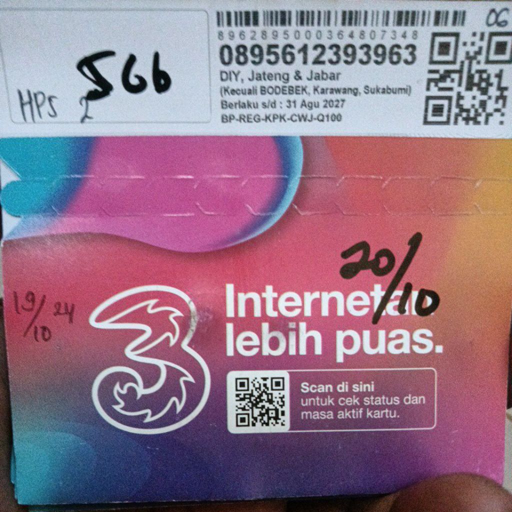 Kartu Perdana Tri kuota 5 gb, belum registrasi, exp 20 Oktober 25