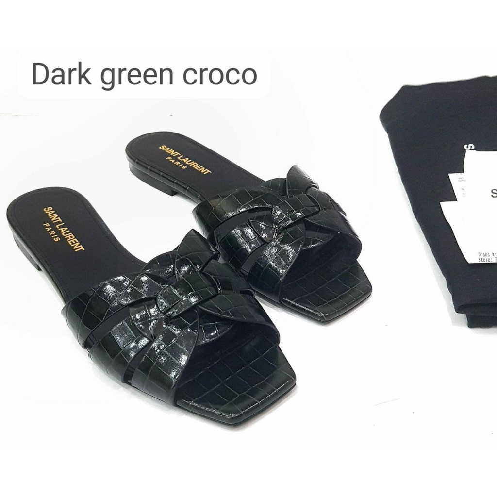 READYSTOCK  YSL SAINT LAURENT Tribute Flat Slide Sandal Croco Dark Green New Original