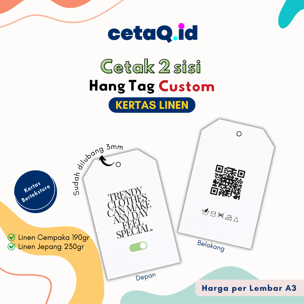 

Cetaq.id A3 Hang tag Linen Custom 2 sisi, Label Baju, Handtag Souvenir, Cetak Hangtag costum