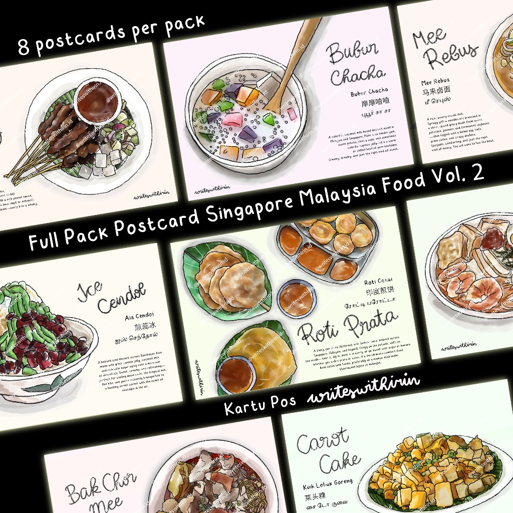 

(writeswithirin) VOL. 2 Full Pack of Singapore Malaysia Cuisine/ Local Food (8 postcards)