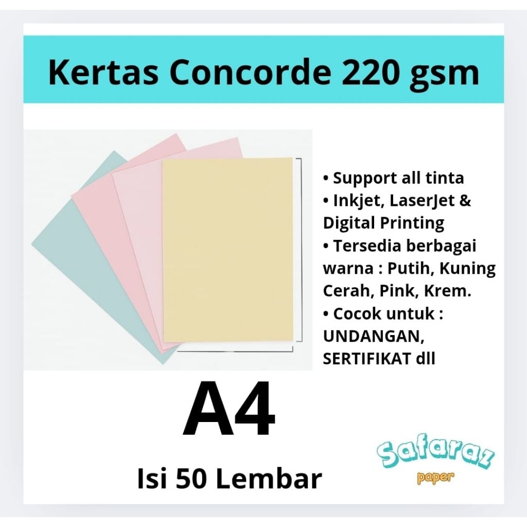 

Kertas Concorde 220 GSM A4 Isi 50 Lembar | Kertas Tebal Tekstur Linen Premium untuk Undangan, Sertifikat, Print