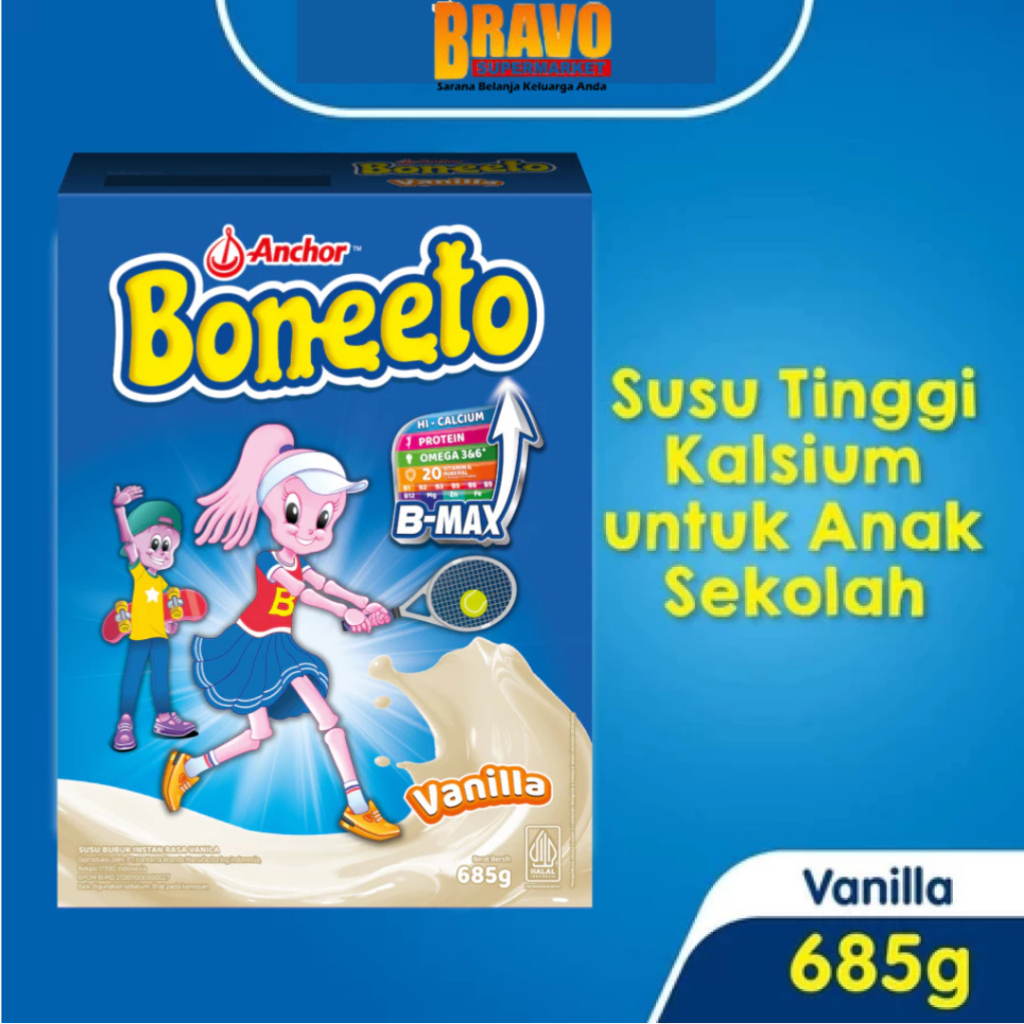 

Bravo Bojonegoro - Boneeto Susu Bubuk Anak Sekolah Creamy Vanilla & Yummy Choco 685GR - Nutrisi Pertumbuhan Anak untuk Daya Pikir dan Tubuh Aktif