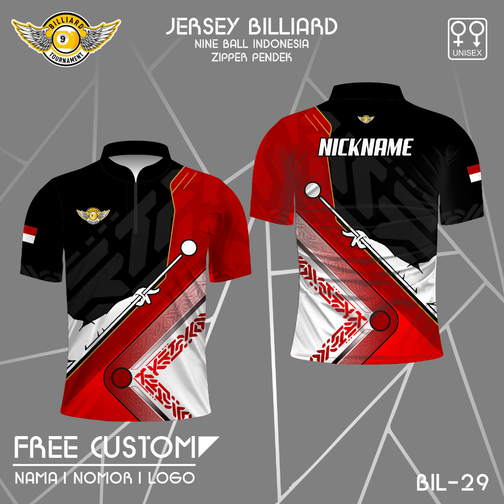 Baju kerah zipper billiard kaos nine ball jersey komunitas billiard