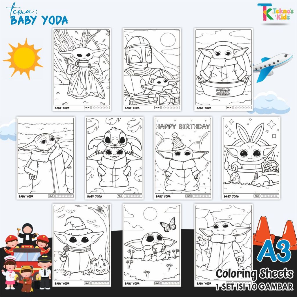 Lembar Mewarnai Anak - Coloring Sheet Kertas Ukuran A3 - Besar - Gambar Tajam