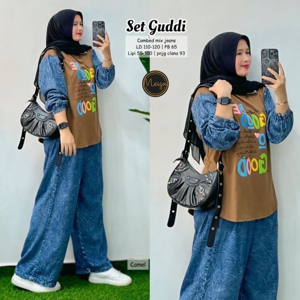 one set celana kulot & kaos bahan jeans mix katun