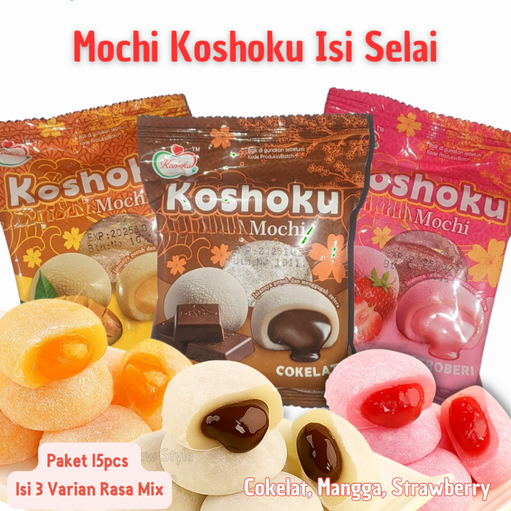 

Mochi Koshoku Isi Selai Coklat, Mangga, Streawberry Isi 15pcs Mix Rasa