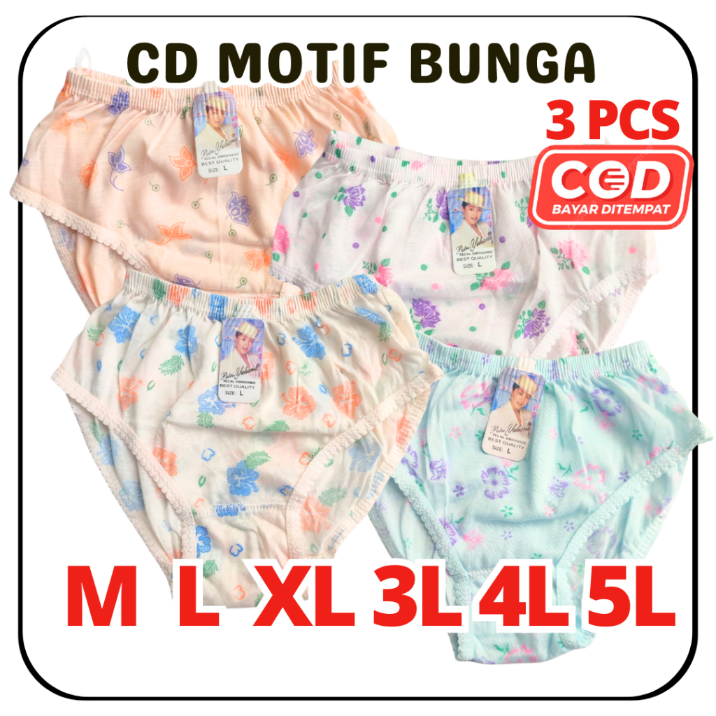 3 PCS Celana Dalam Wanita Katun CD Jumbo CD WANITA CANTIK MOTIF UKURAN BESAR BUNGA