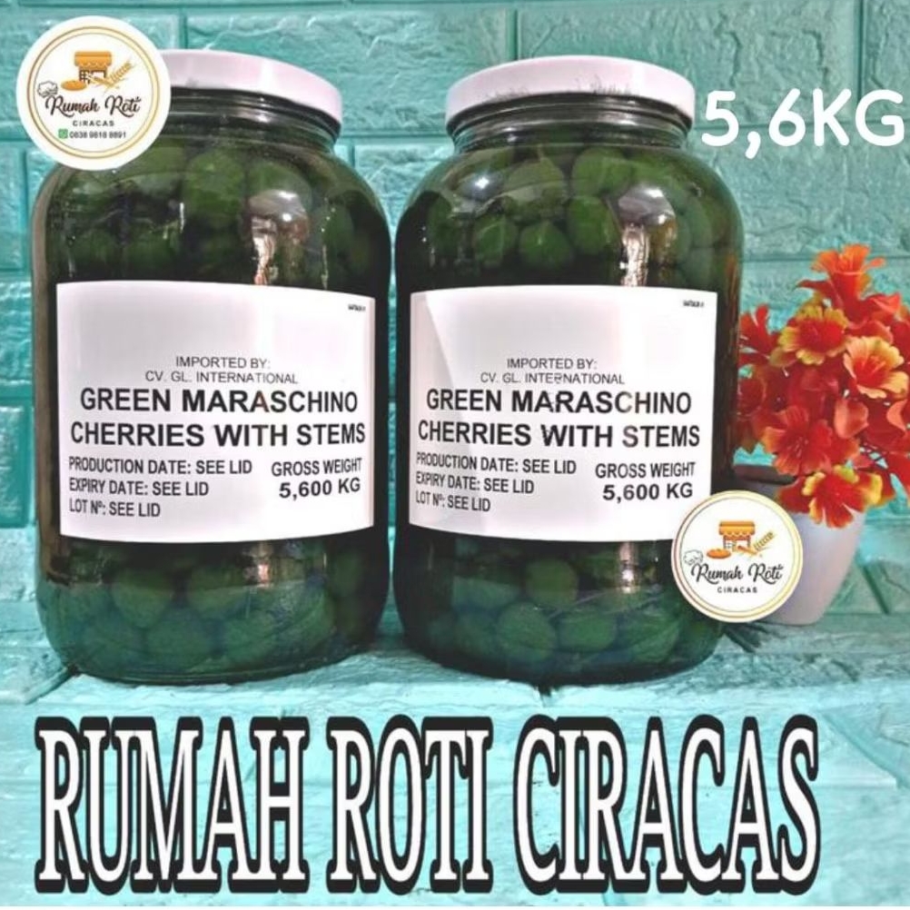 

CHERRY HIJAU TANGKAI GREEN MARASCHINO 5,6KG CHERRIES WITH STEMS 5,6 KG BUAH JAR