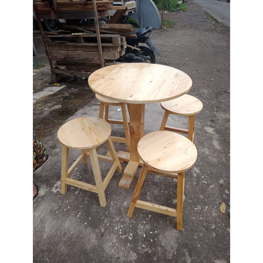 1set meja makan cafe  bulat kayu jati belanda