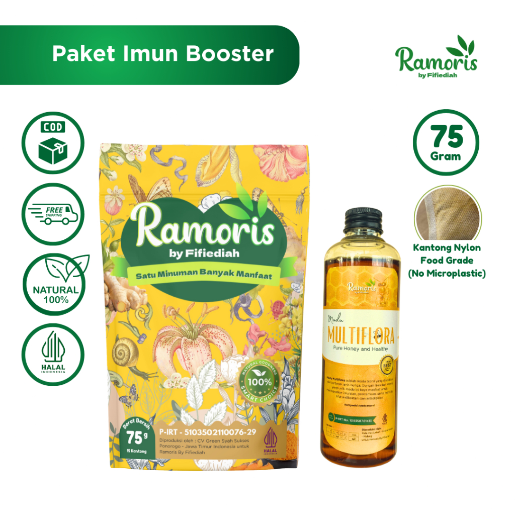 

[Paket Imune Booster] Ramoris Teh Rimpang + Madu Multiflora - Herbal Jahe Kunyit Lengkuas Sereh | 30 Kantong