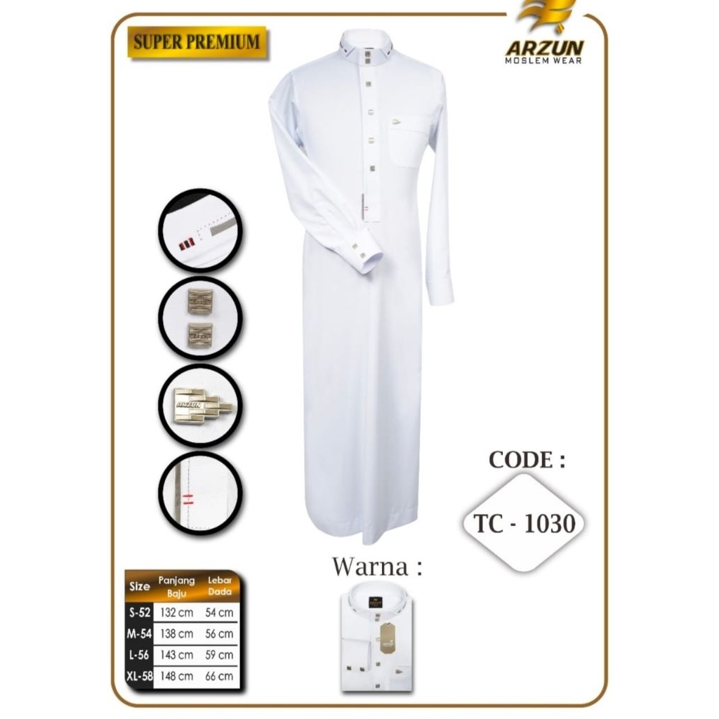 Jubah Saudi Merek ARZUN Premium/ Baju Gamis pria Dewasa Premium Lengan panjang Tangan Manset