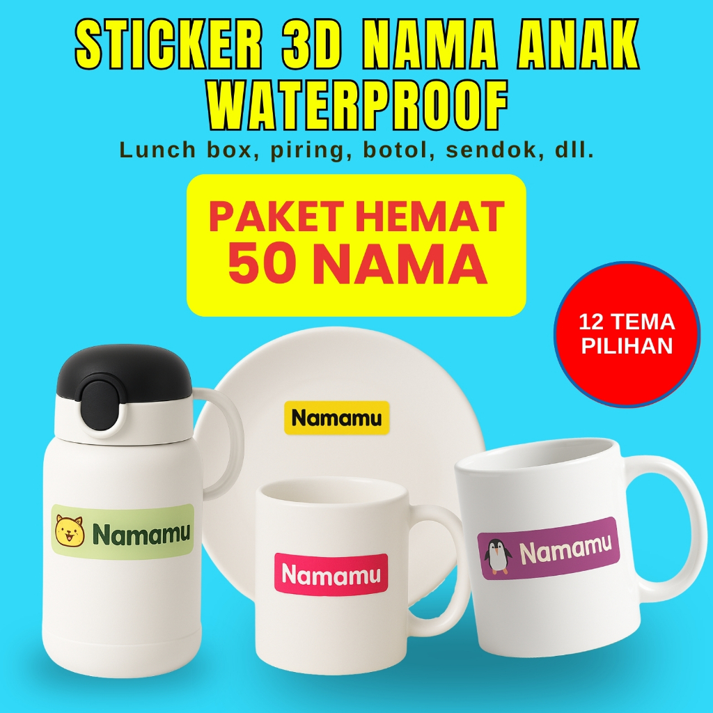 

Stiker Anak 3D Custom Nama 50 Pcs Piring Sendok Botol Gelas Perabotan timbul waterproof label Ajaibb