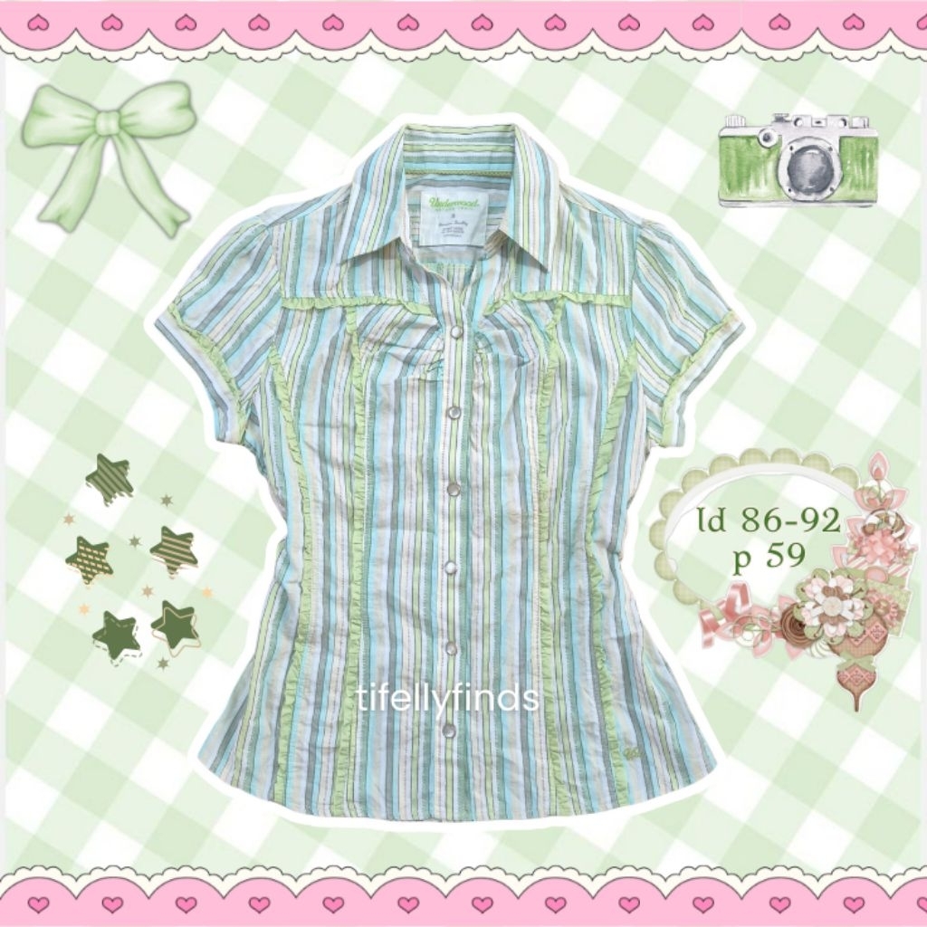 green sage pastel stripes shirt slimfit sawako feminim japan kawai y2k fitbody ruffle milkmaid cotta