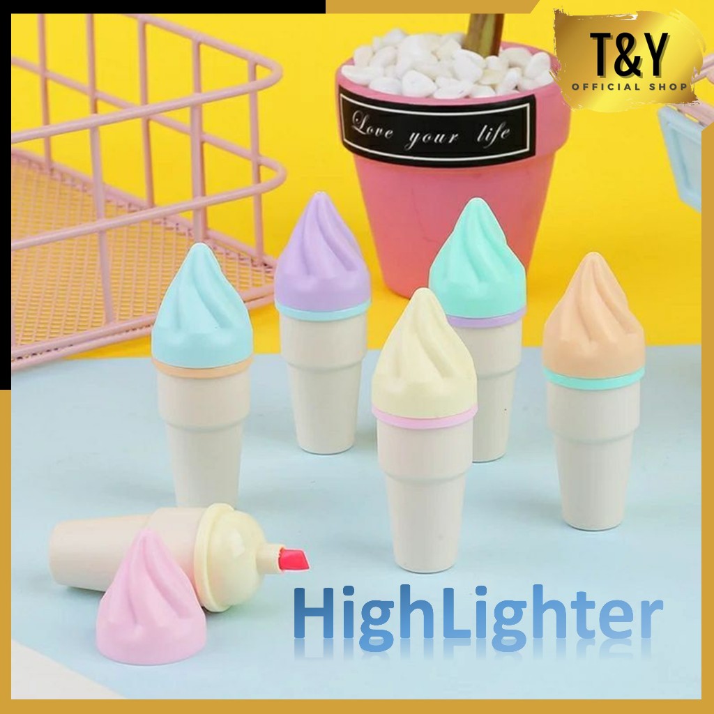 

T&Y Set HighLighter Karakter Es Krim Cone 1 Set 6 Pcs Dengan Pouch Highliter Es Krim Cone Stationery Lucu Unik Penanda Buku Warna Warni Kado