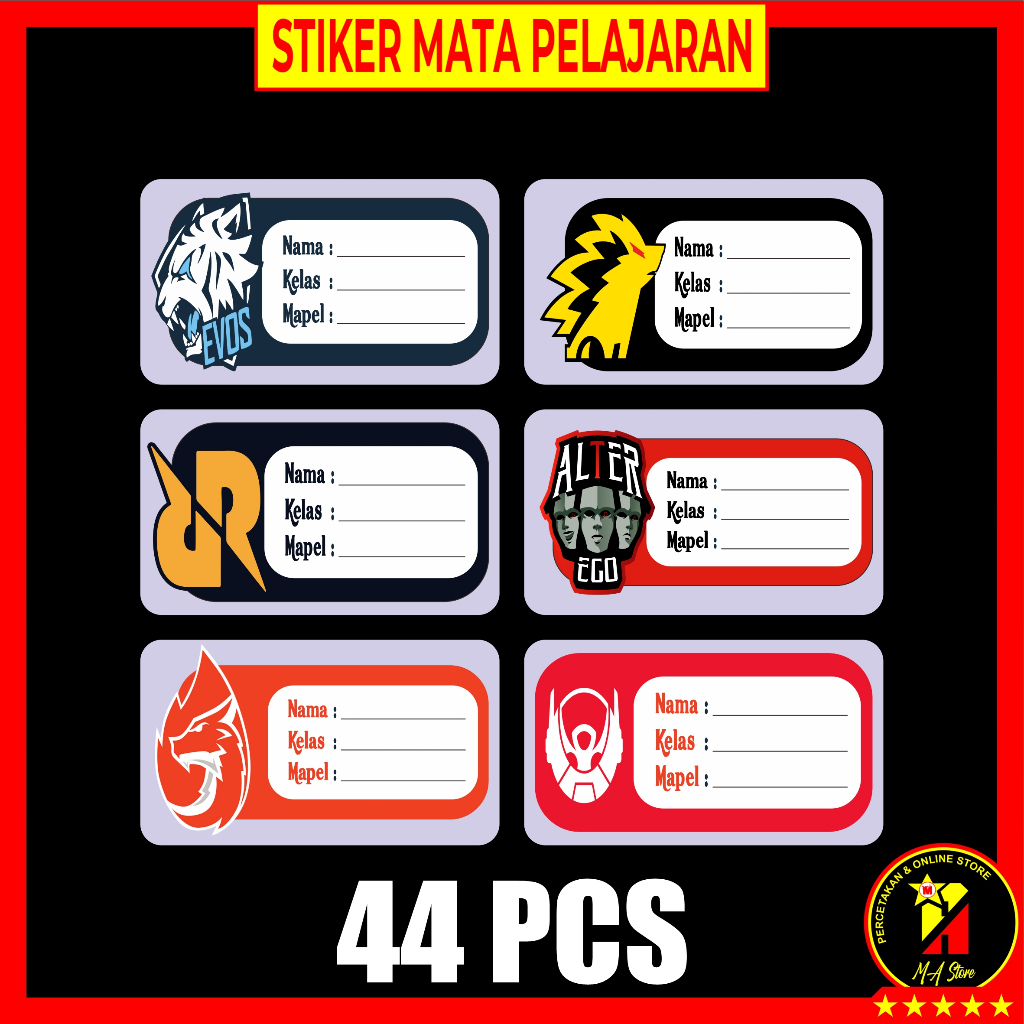 

44 PCS Stiker Mapel Mata Pelajaran Custom Pro Players RRQ EVOS ALTER EGO ONIC Bahan Stiker HVS