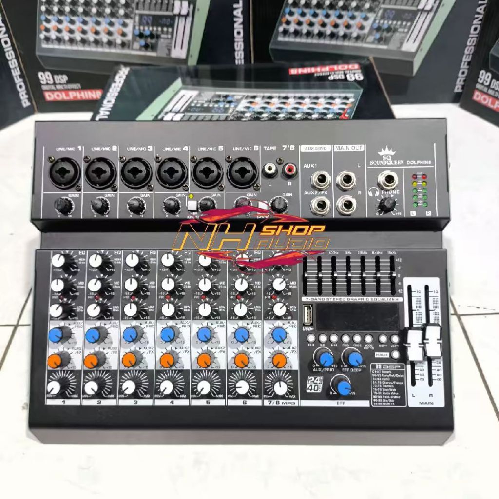 MIXER AUDIO SOUNDQUEEN DOLPHIN 8 original 8 channel 6 mono 2 stereo efek 99dsp usb bluetooth garansi