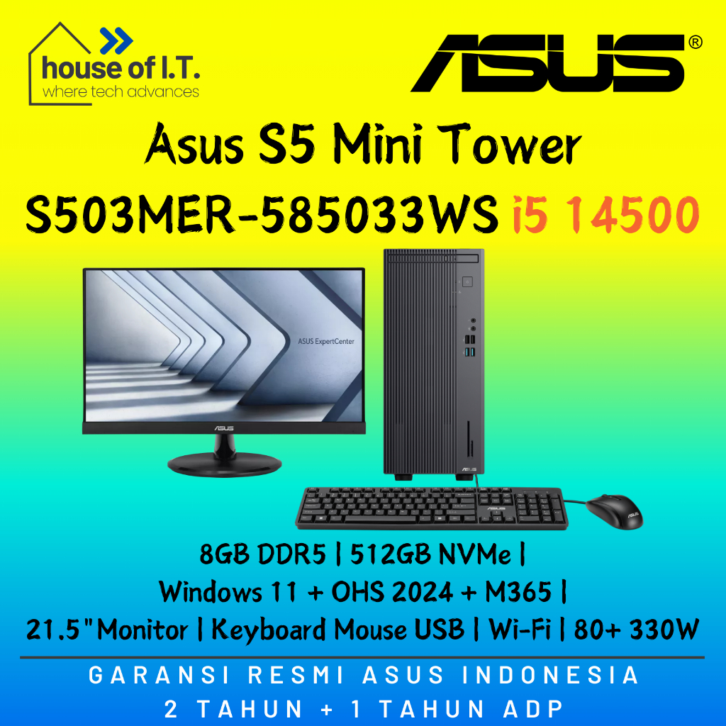 PC Desktop ASUS S5 Mini Tower i5 14500 8GB 512GB W11 OHS 21.5"Monitor - ASUS S503MER-585033WS - PC A